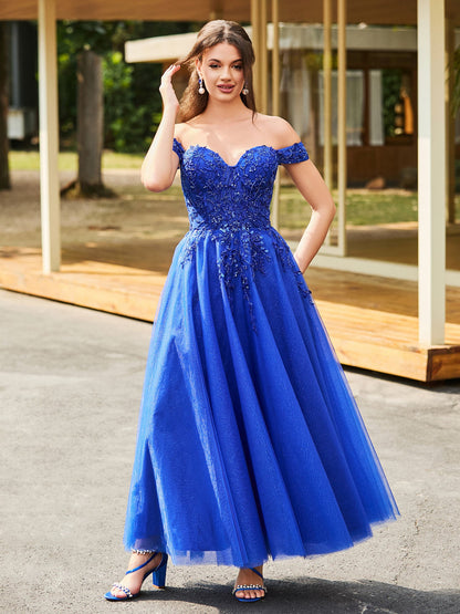 Off-the-shoulder A-line Sequins Dress with Beaded Royal Blue