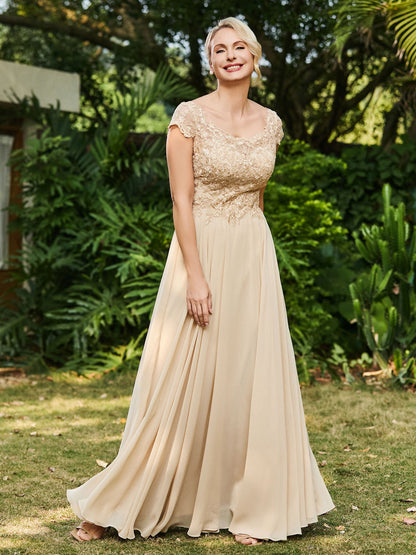 Scoop Neckline Appliqued A-line Chiffon Dress Champagne