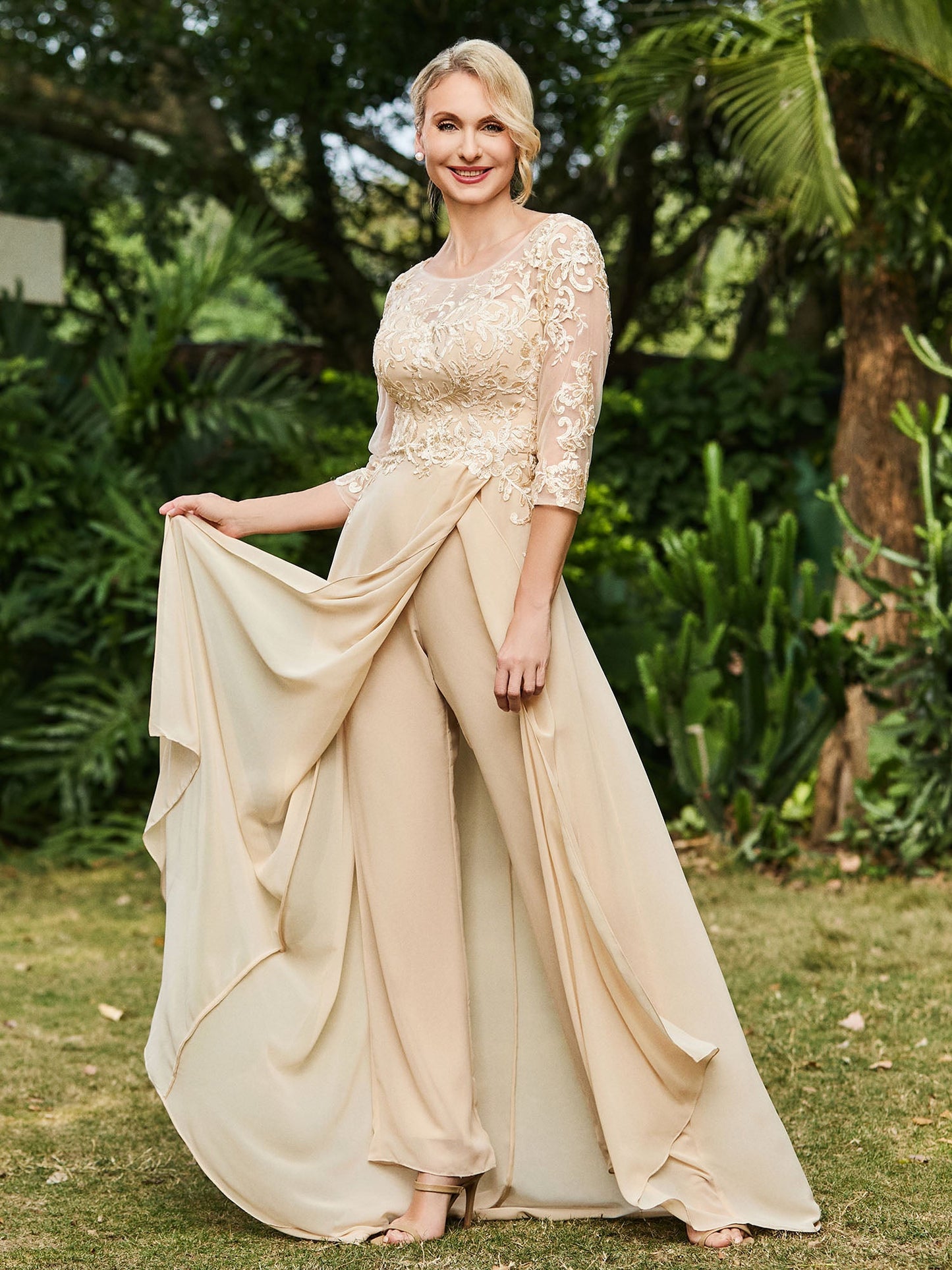 Illusion Neckline Lace Appliqued Jumpsuit Champagne