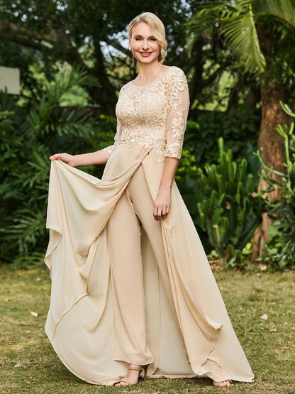 Illusion Neckline Lace Appliqued Jumpsuit Champagne