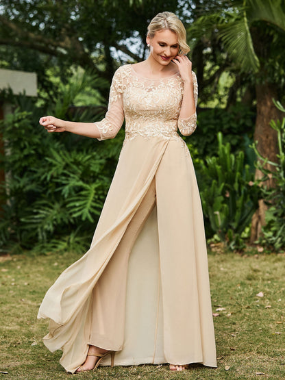 Illusion Neckline Lace Appliqued Jumpsuit Champagne