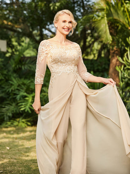 Illusion Neckline Lace Appliqued Jumpsuit Champagne