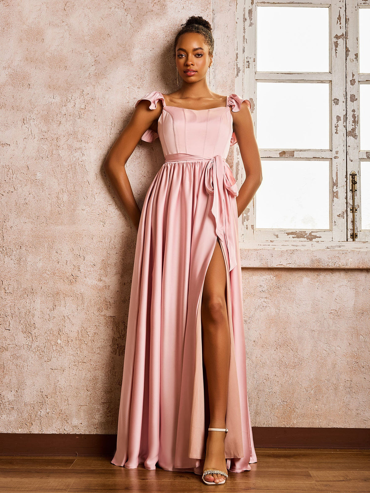 Square Neck Flutter Sleeves A-line High Slit Dresses With Belt Dusty Rose