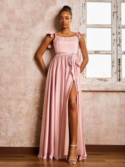 Square Neck Flutter Sleeves A-line High Slit Dresses With Belt Dusty Rose