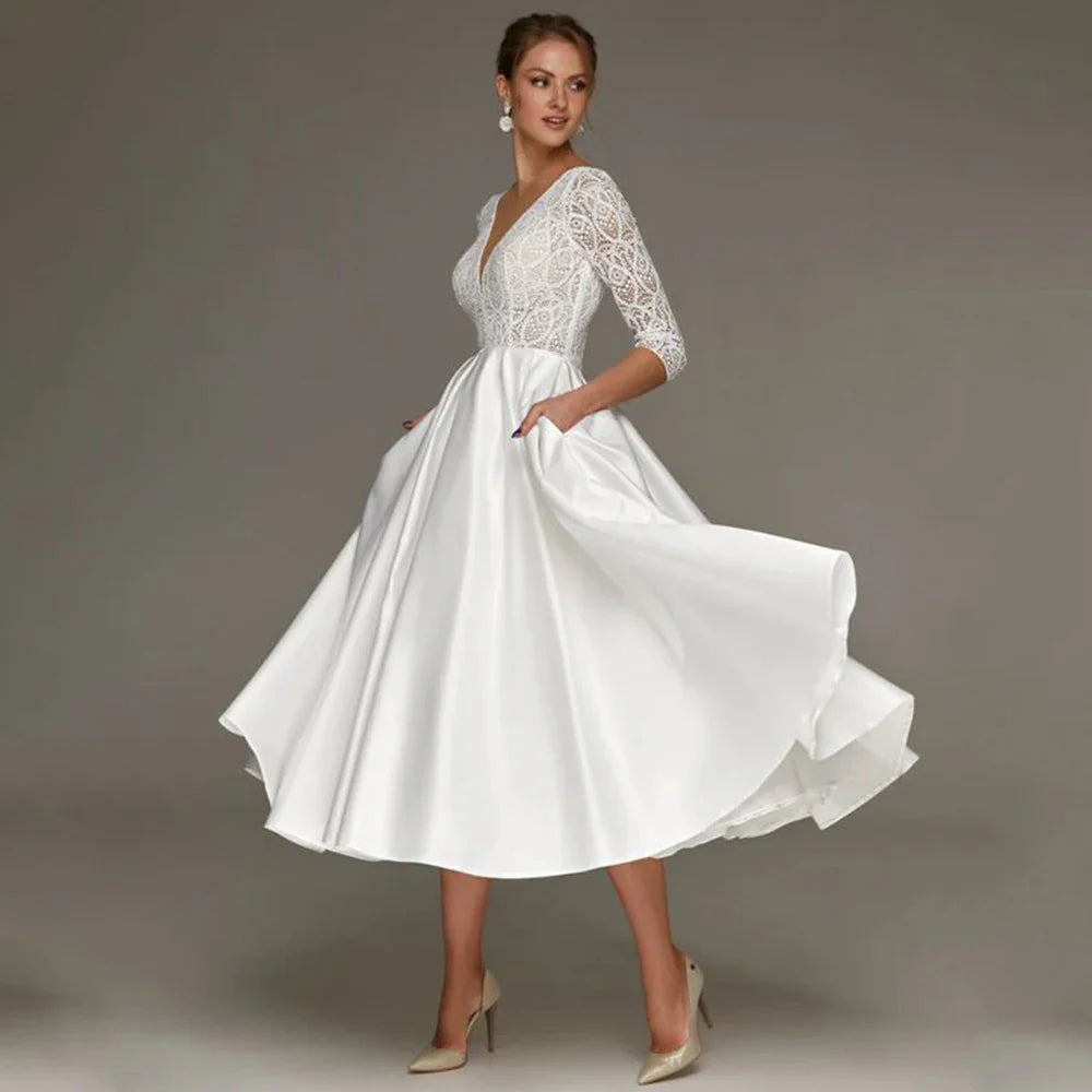 Short Wedding Dress Lace V Neck 3/4 Sleeves A Line Midi Gown