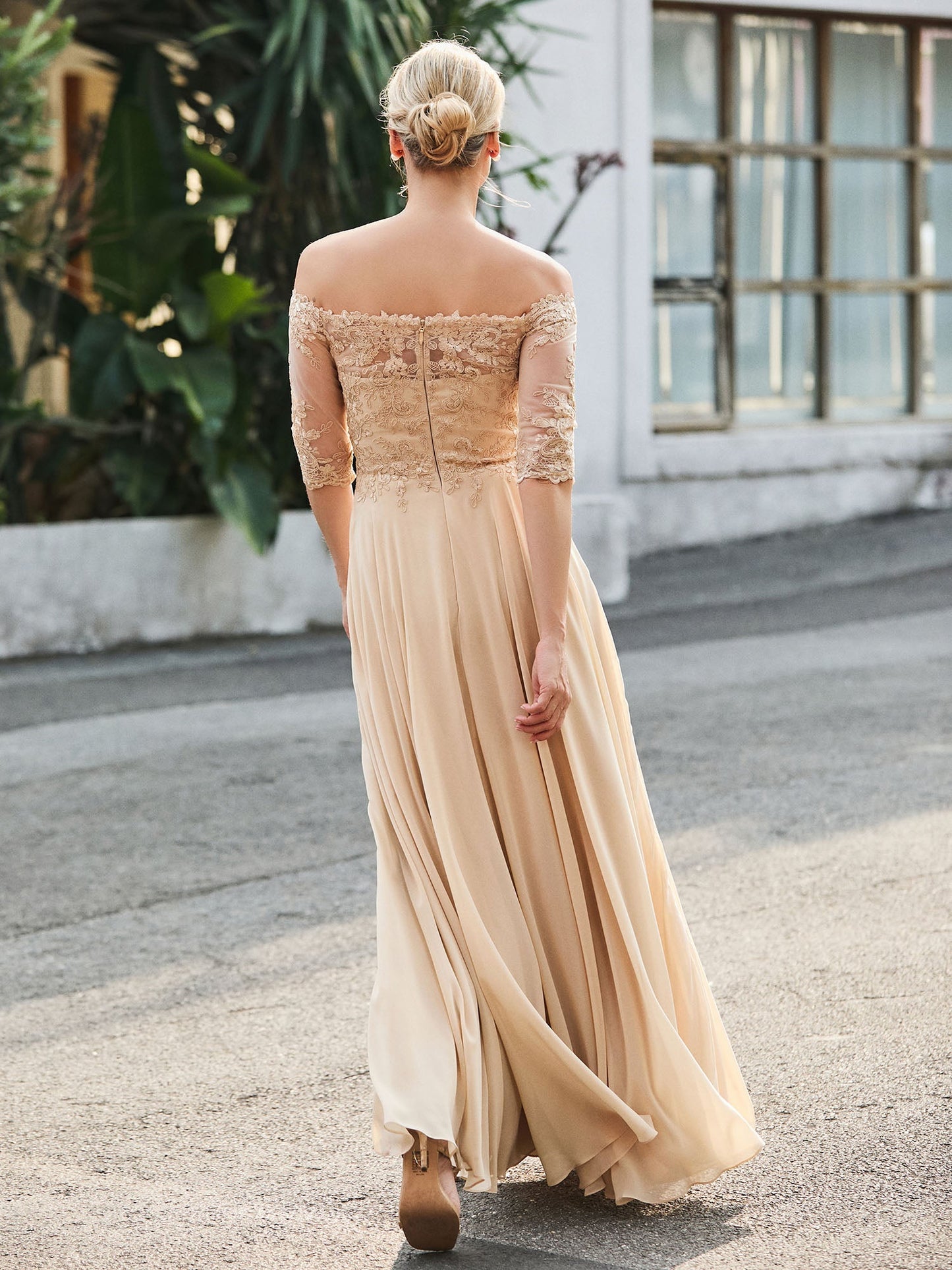 Off-the-shoulder Appliqued Half Sleeve Dress Champagne