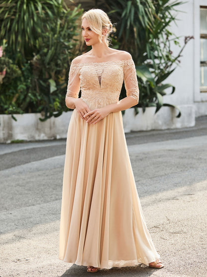 Off-the-shoulder Appliqued Half Sleeve Dress Champagne