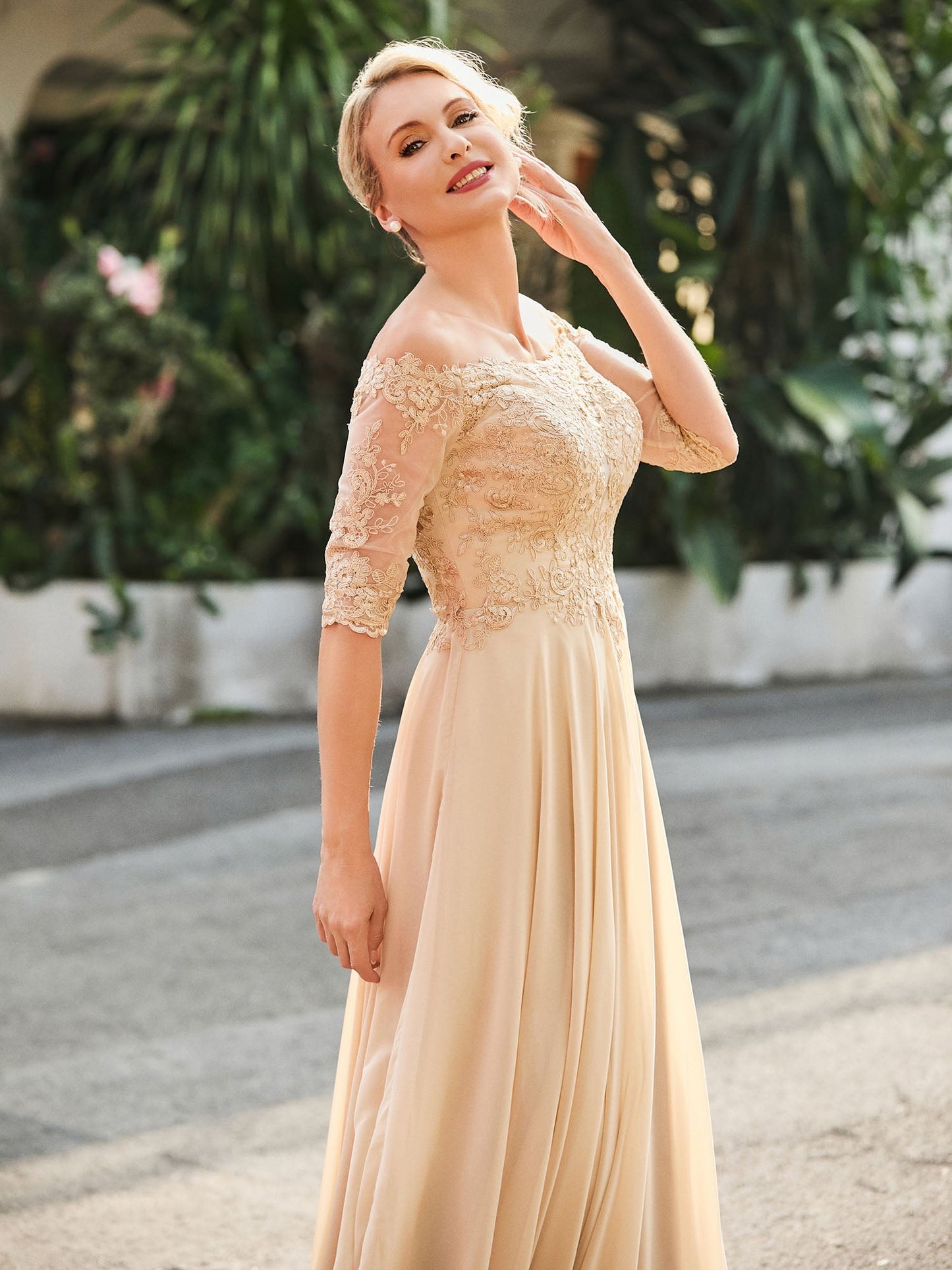 Off-the-shoulder Appliqued Half Sleeve Dress Champagne