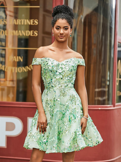 Sequins A-Line Off Shoulder Short HOCO Dress Sage