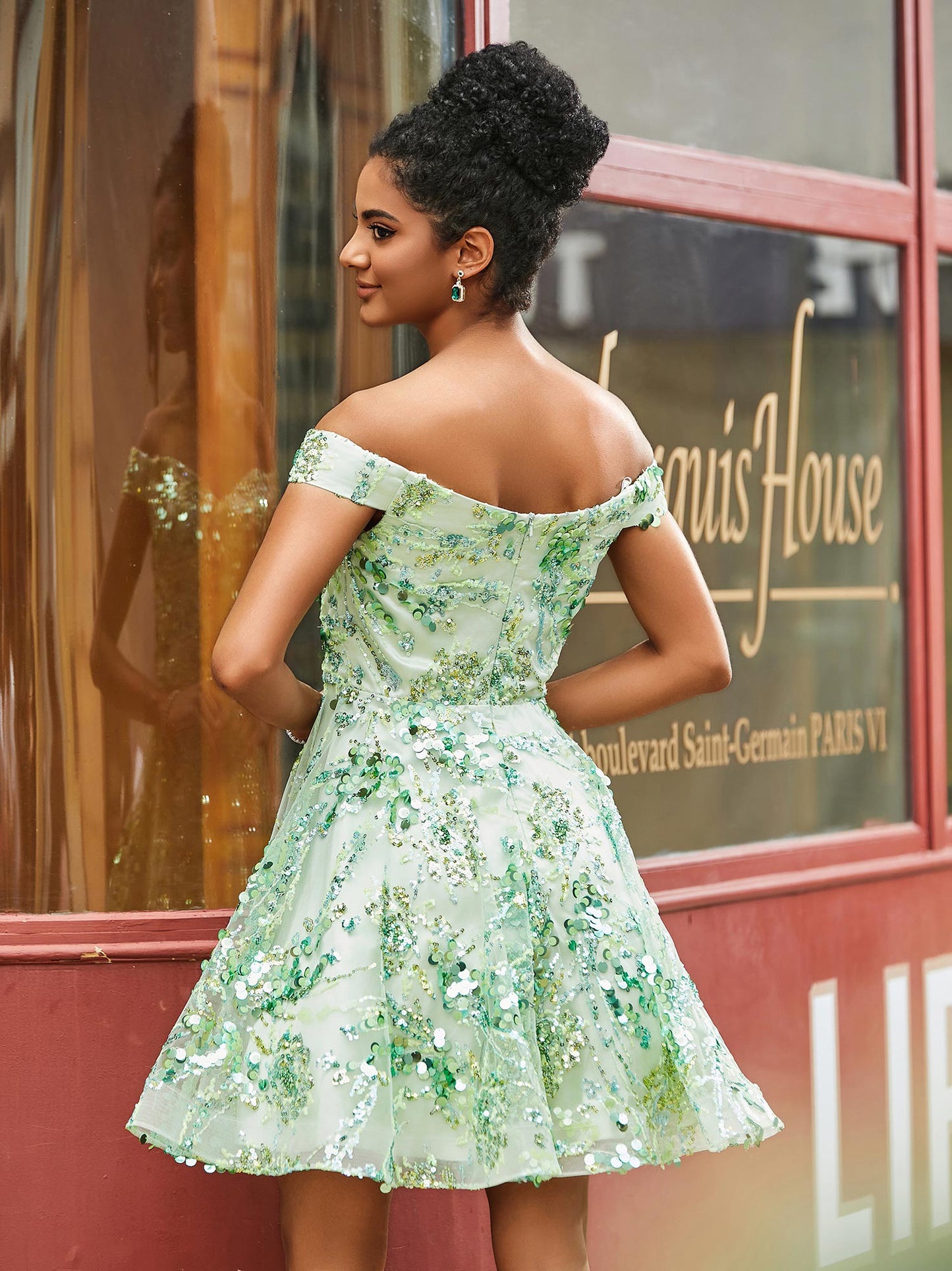 Sequins A-Line Off Shoulder Short HOCO Dress Sage