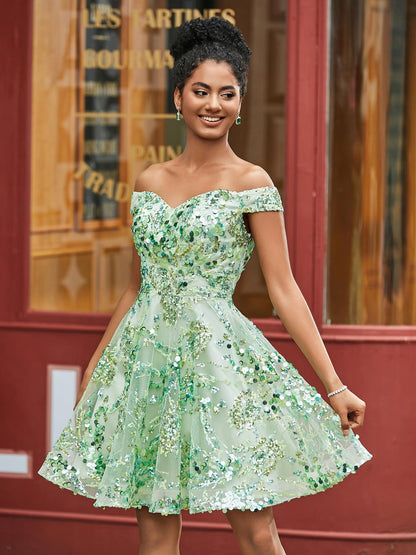 Sequins A-Line Off Shoulder Short HOCO Dress Sage