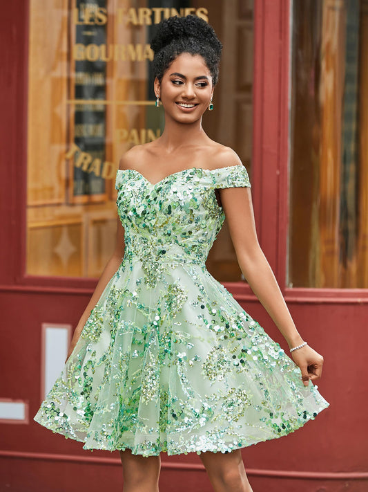 Sequins A-Line Off Shoulder Short HOCO Dress Sage