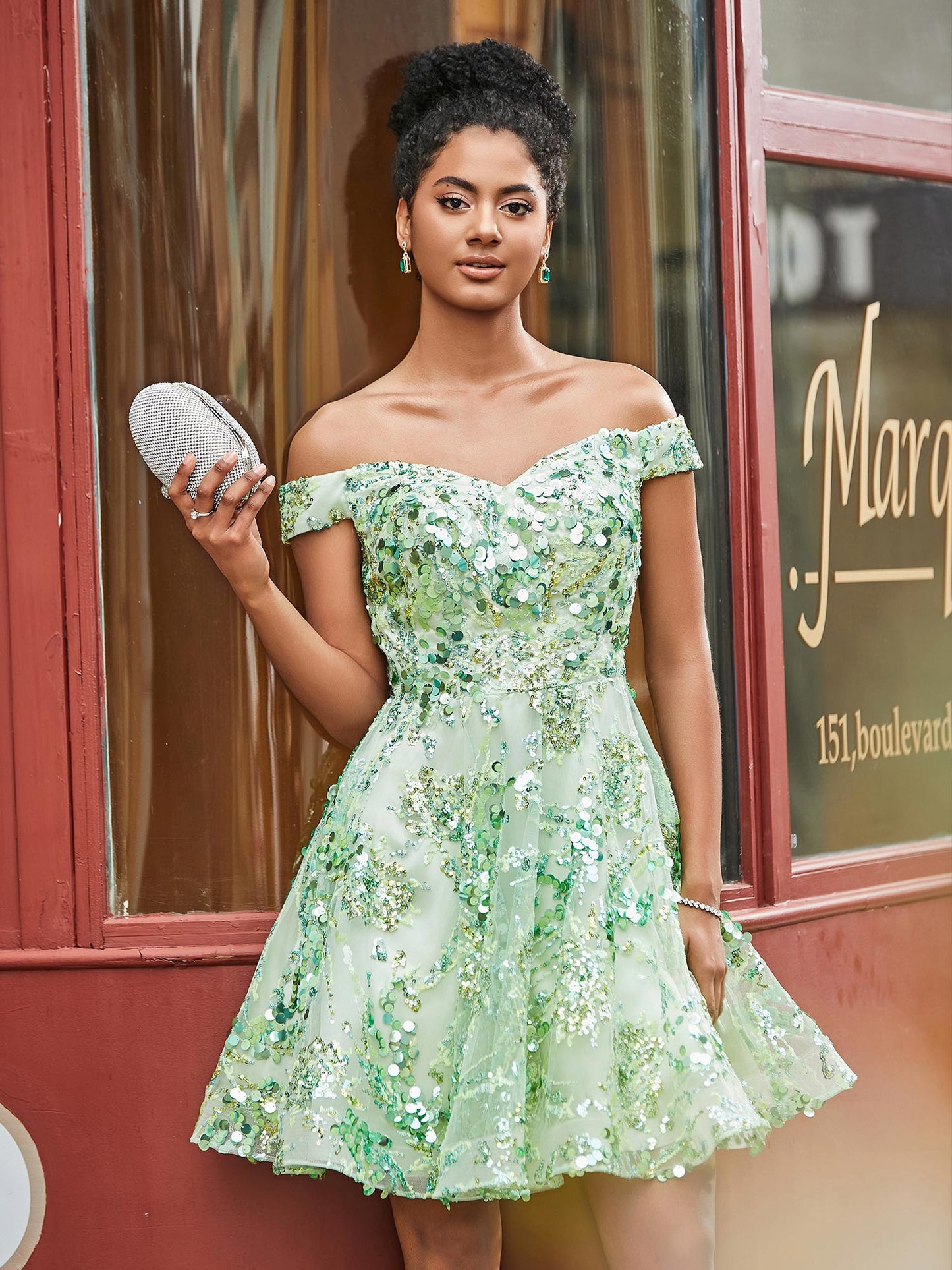 Sequins A-Line Off Shoulder Short HOCO Dress Sage