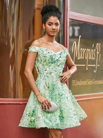 Sequins A-Line Off Shoulder Short HOCO Dress Sage