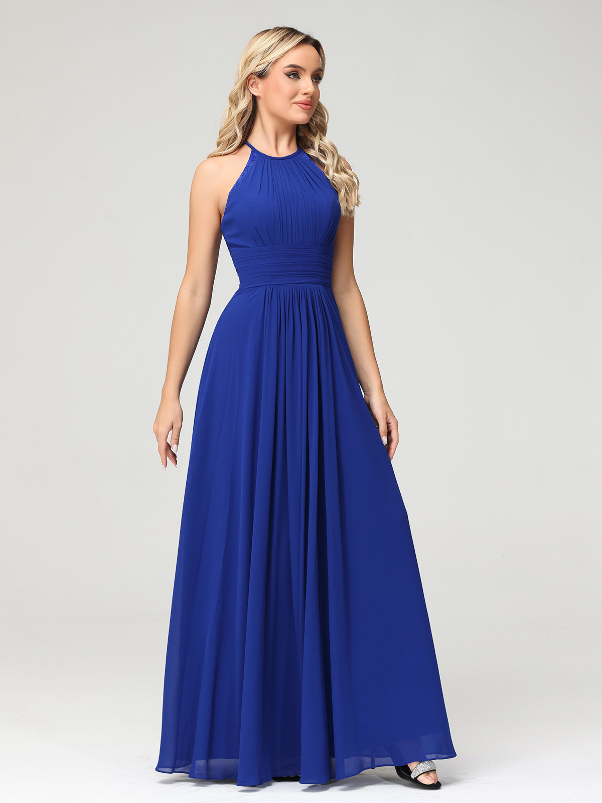 Halter Chiffon Long Gown With Lace Strap Royal Blue