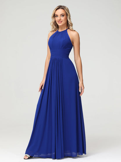 Halter Chiffon Long Gown With Lace Strap Royal Blue