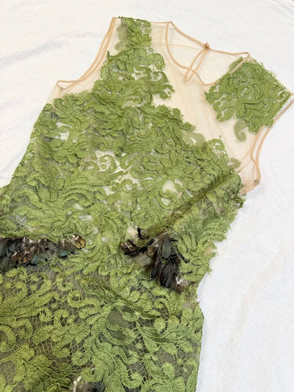 girlhomeshops-Olive Green Lace and Chiffon Paneled Sleeveless Midi Dress gh6311