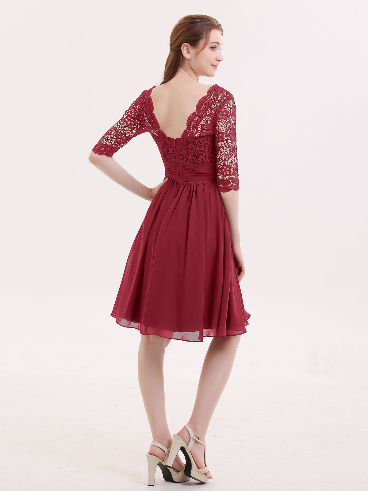 Lace and Chiffon Short Dress with Half Sleeves Burgundy