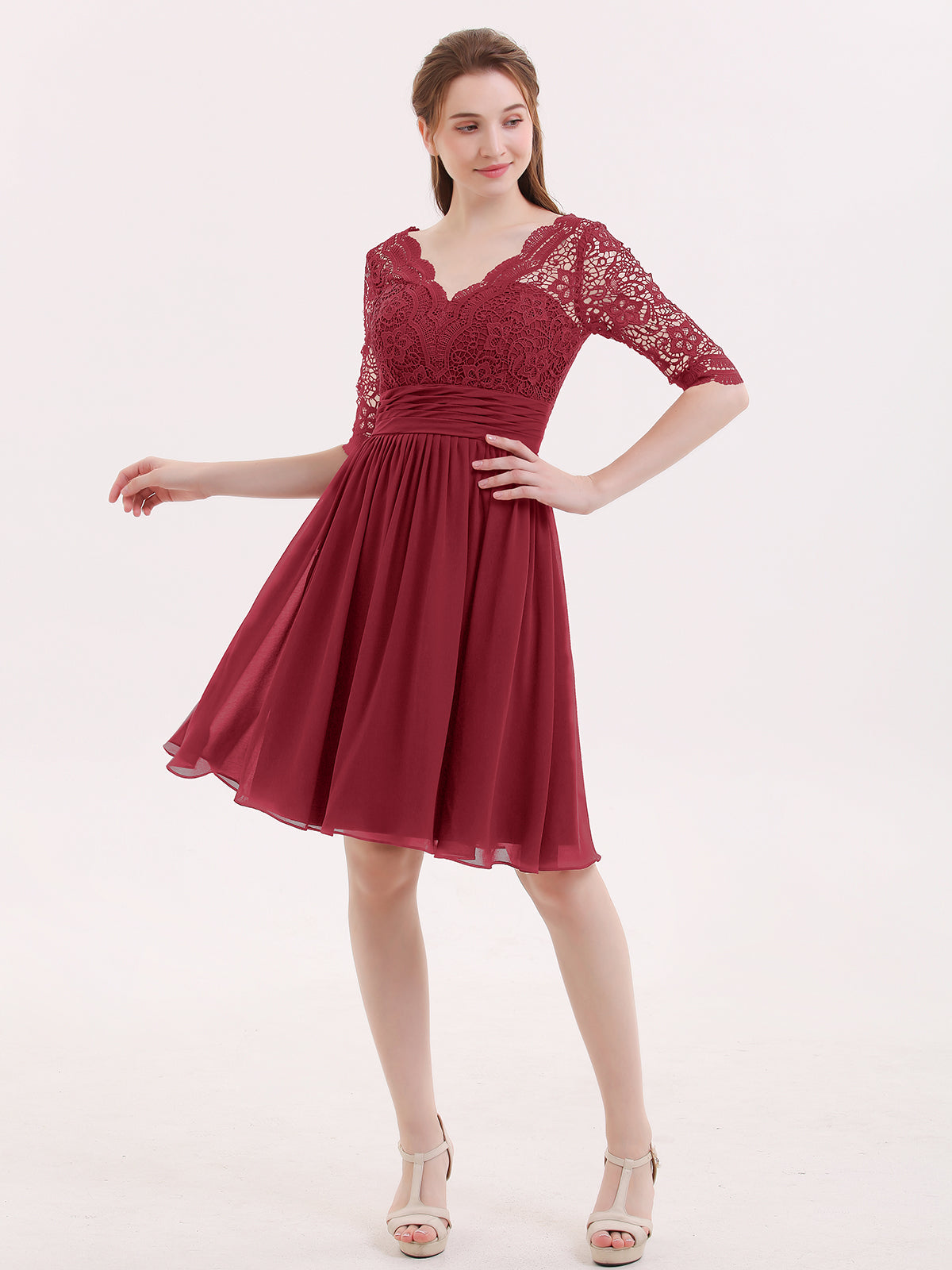 Lace and Chiffon Short Dress with Half Sleeves Burgundy