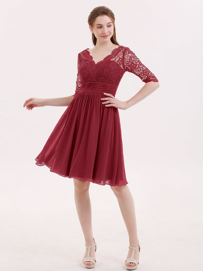 Lace and Chiffon Short Dress with Half Sleeves Burgundy
