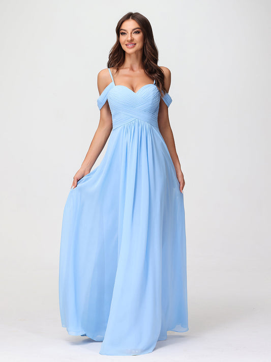 Off Shoulder Spaghetti Strap Chiffon Dresses Blue