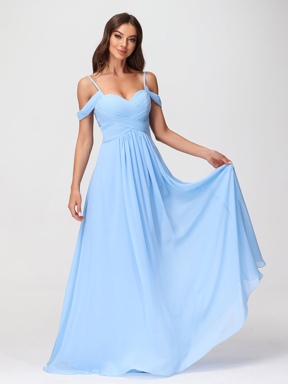 Off Shoulder Spaghetti Strap Chiffon Dresses Blue