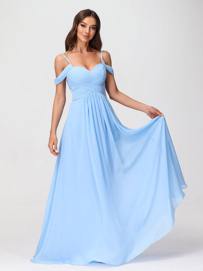 Off Shoulder Spaghetti Strap Chiffon Dresses Blue