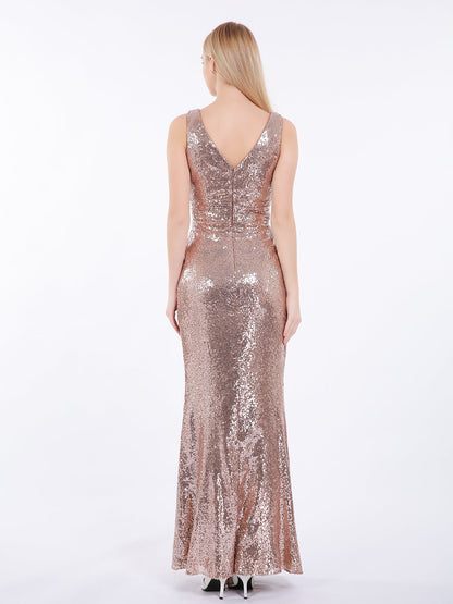 Sheath V neck Sequins Long Dress Metallic Gold