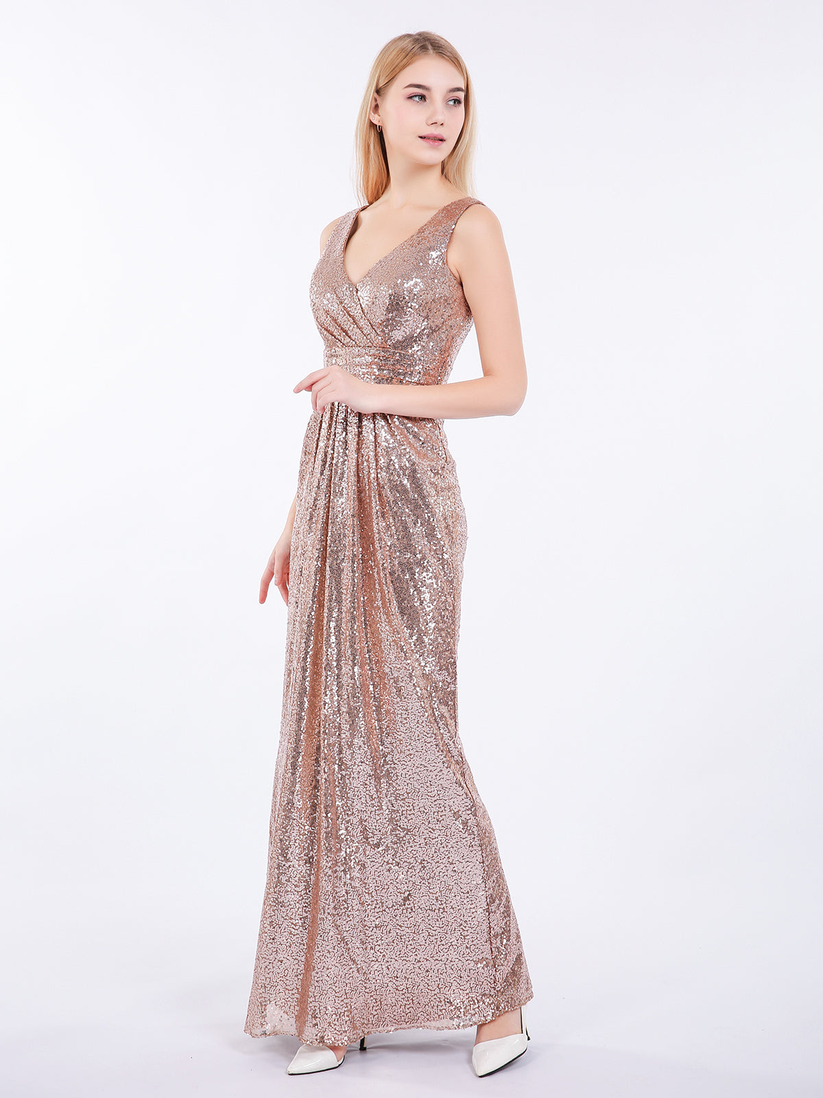 Sheath V neck Sequins Long Dress Metallic Gold