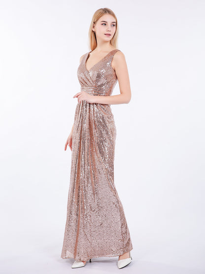 Sheath V neck Sequins Long Dress Metallic Gold