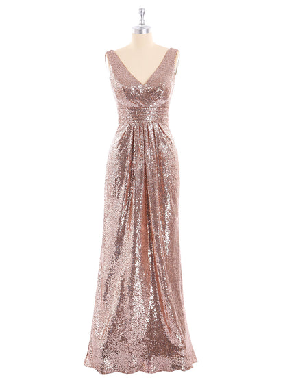 Sheath V neck Sequins Long Dress Metallic Gold
