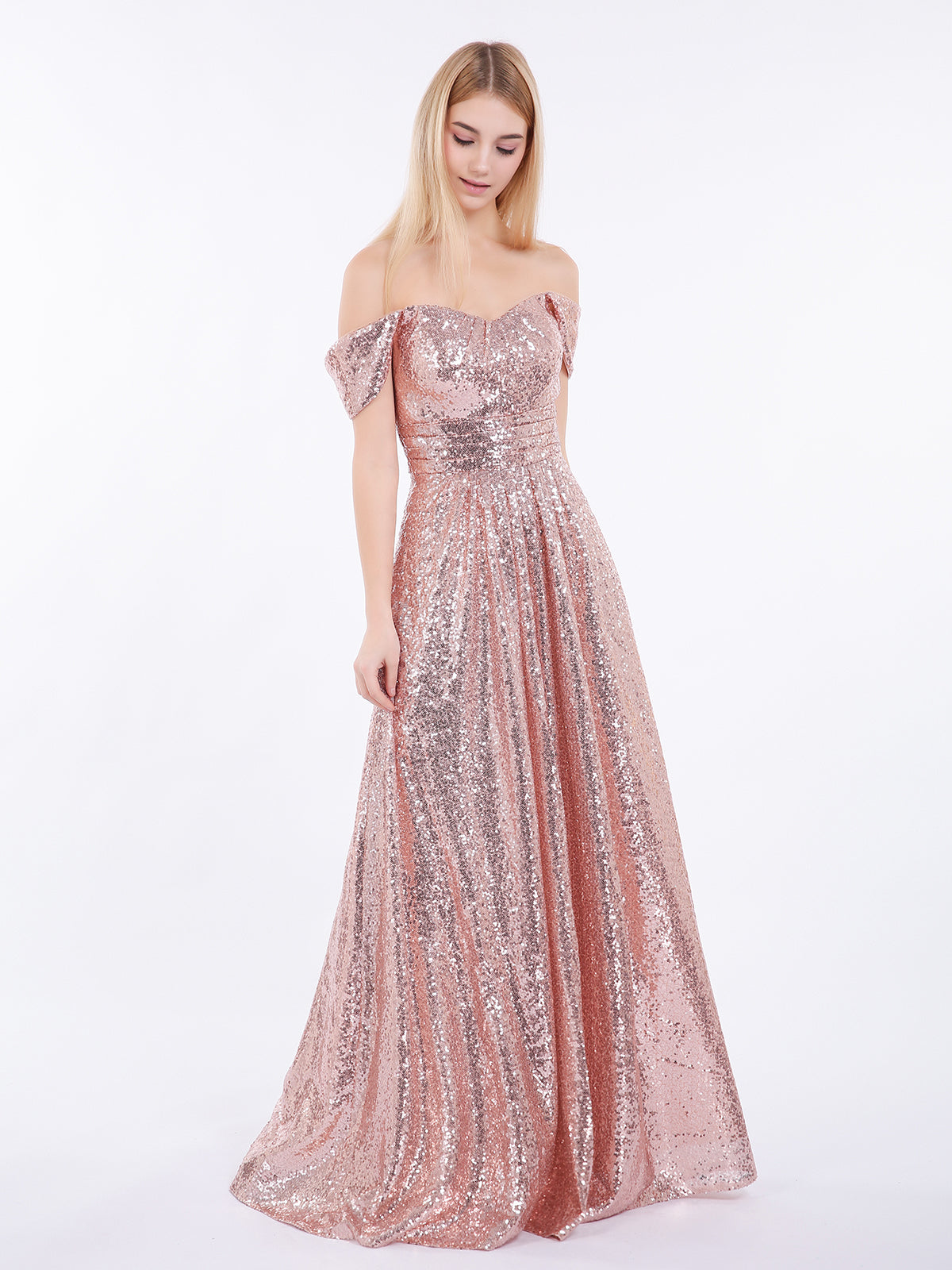 Long Sequins Dress with Off the Shoulder Rose Gold