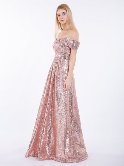 Long Sequins Dress with Off the Shoulder Rose Gold