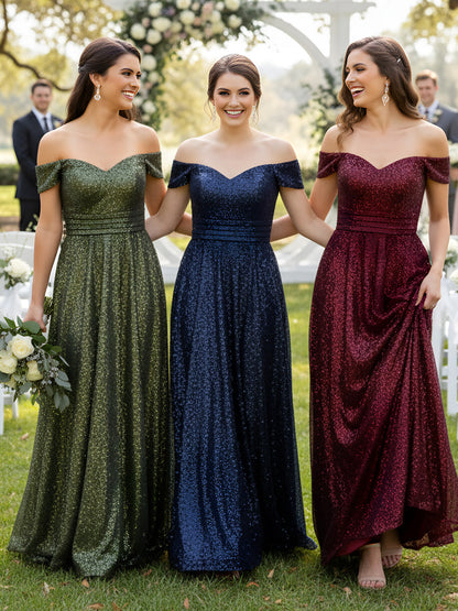 Long Sequins Dress with Off the Shoulder Rose Gold