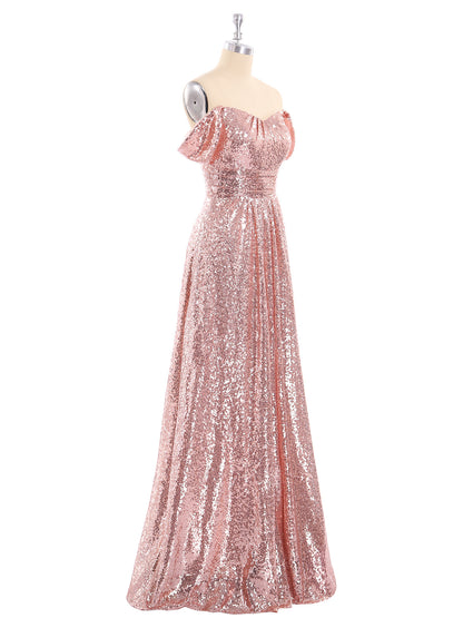 Long Sequins Dress with Off the Shoulder Rose Gold