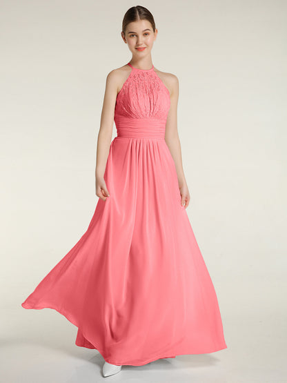 Halter Chiffon And Lace Long Dresses Watermelon