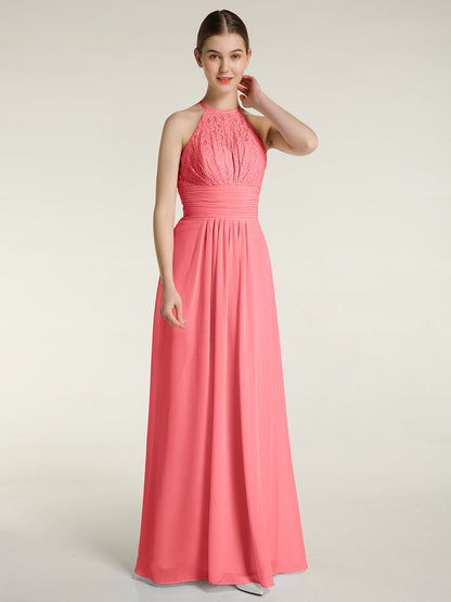 Halter Chiffon And Lace Long Dresses Watermelon