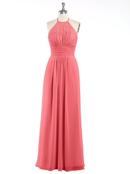 Halter Chiffon And Lace Long Dresses Watermelon
