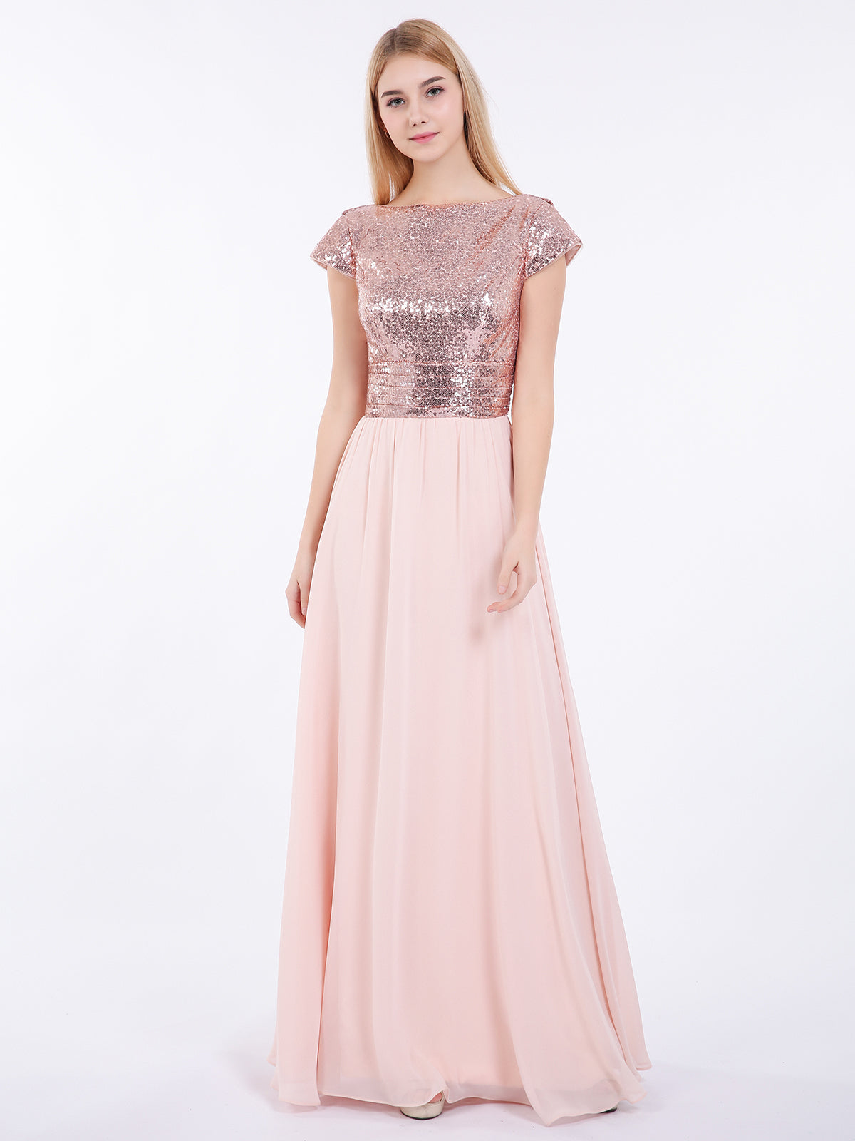Sequins Long Dress with Cap Sleeves Rose Gold