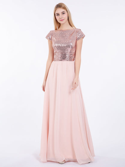 Sequins Long Dress with Cap Sleeves Rose Gold