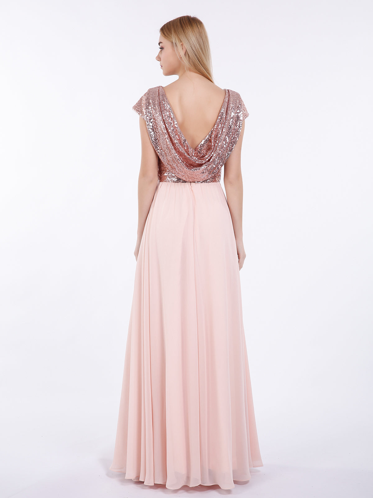 Sequins Long Dress with Cap Sleeves Rose Gold