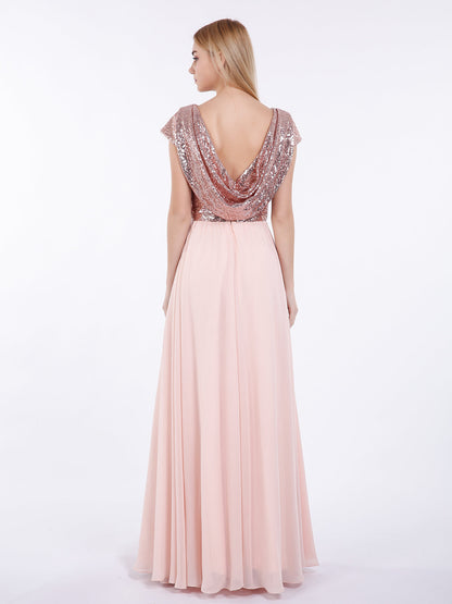 Sequins Long Dress with Cap Sleeves Rose Gold