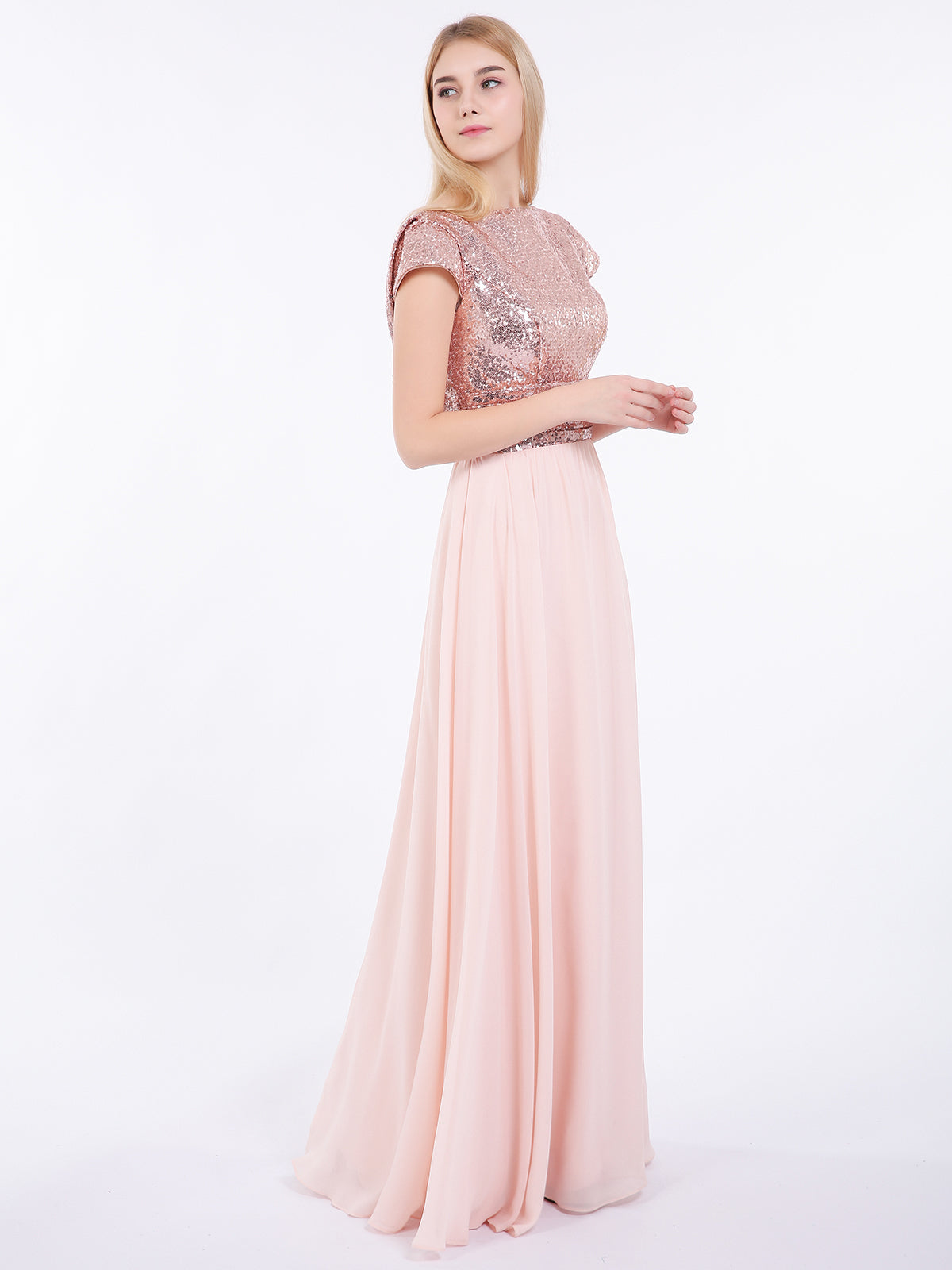 Sequins Long Dress with Cap Sleeves Rose Gold