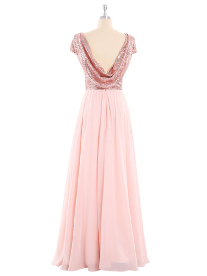 Sequins Long Dress with Cap Sleeves Rose Gold
