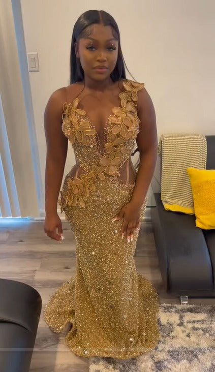 Long Mermaid Sequin Gold Sleeveless Lace-Up Prom Dresses