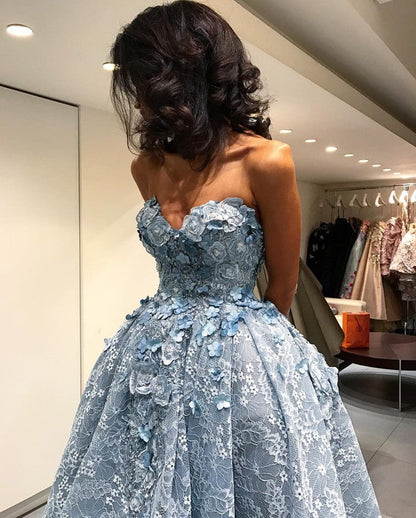 Amazing Gray Lace Sweetheart Lace Prom Dresses Front Short Long Back