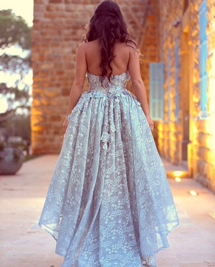 Amazing Gray Lace Sweetheart Lace Prom Dresses Front Short Long Back