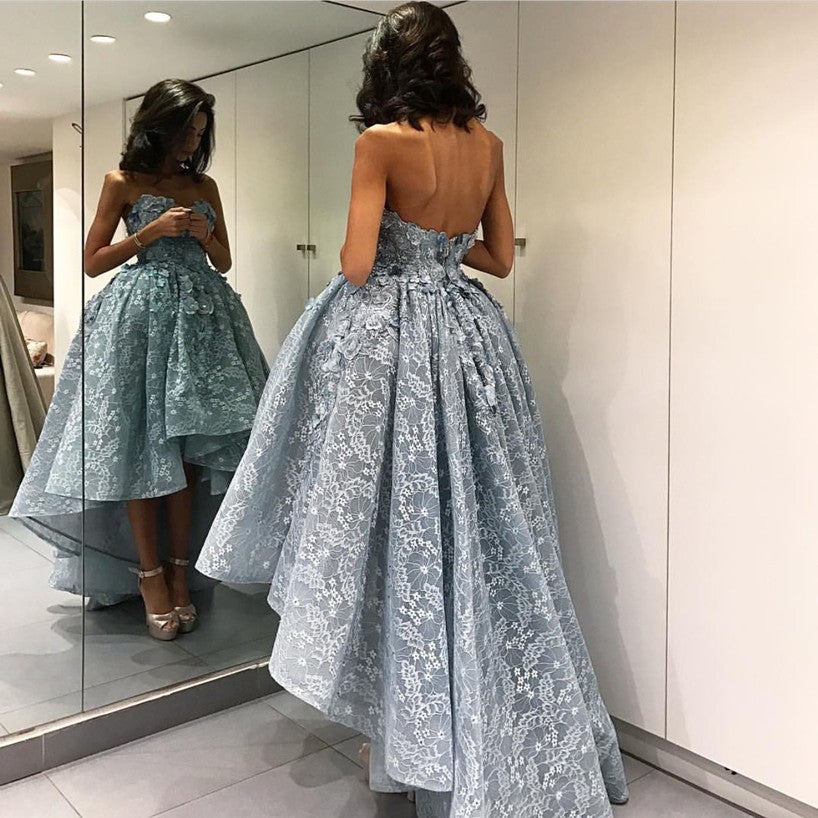 Amazing Gray Lace Sweetheart Lace Prom Dresses Front Short Long Back