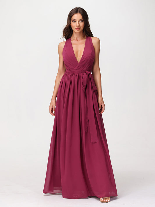 Deep V Neckline Chiffon Dress with Sash Bow Mulberry