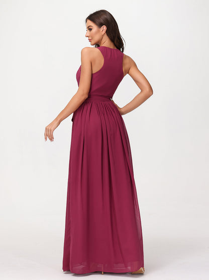 Deep V Neckline Chiffon Dress with Sash Bow Mulberry